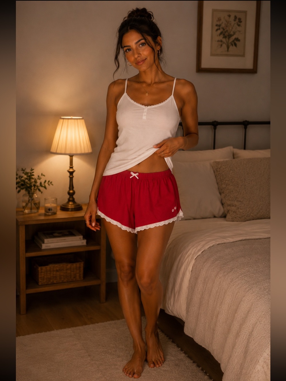 Kitteny Basics Cotton Red White Lace Trim Paw Print Lounge Sleep Shorts Sz M